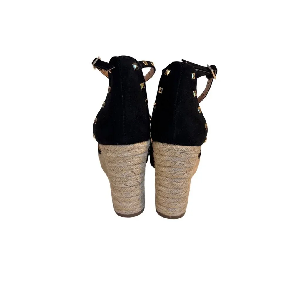 I.N.C. Masin Black Ankle Strap Espadrille Wedge Sandals Studded‎ Detail 8M